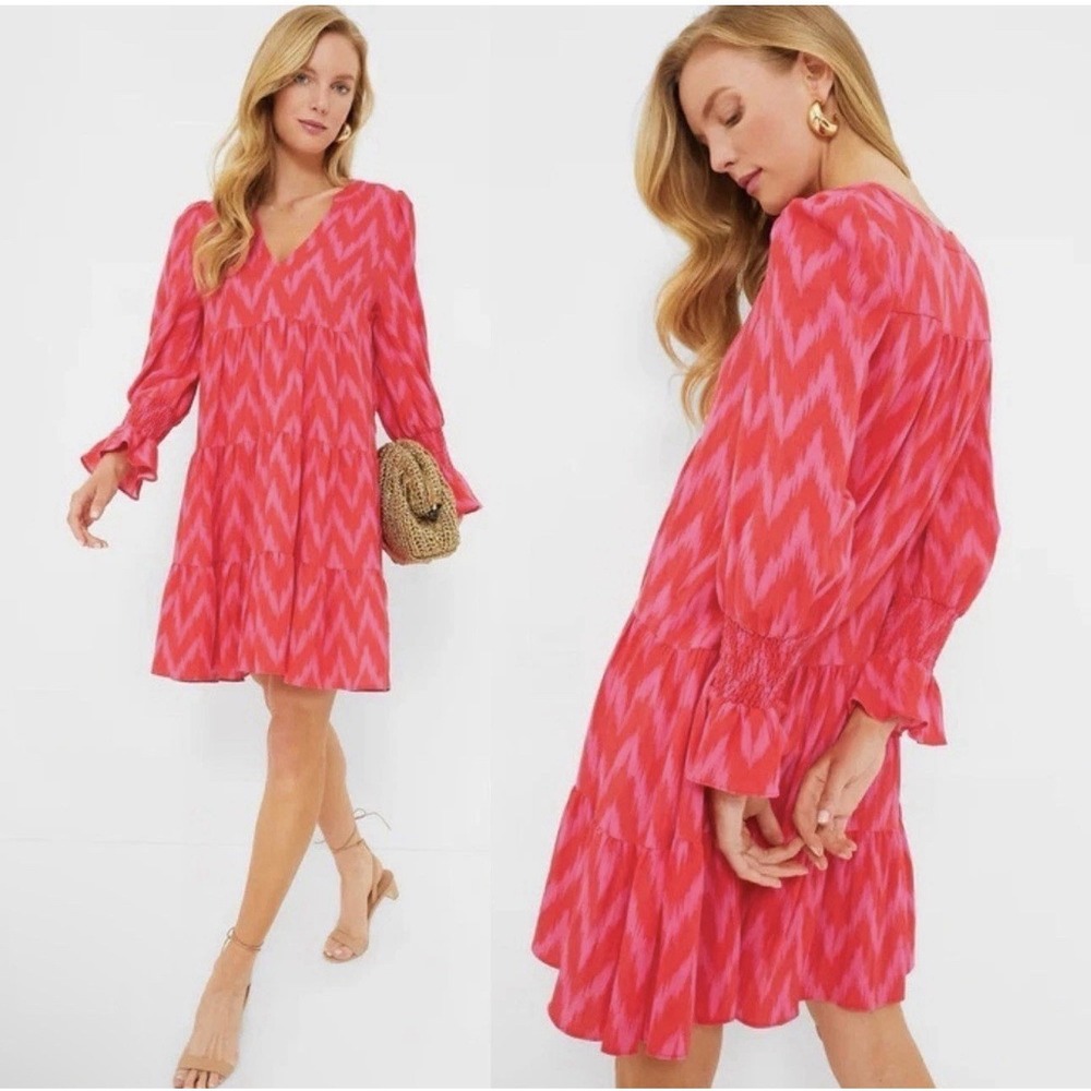 Tuckernuck Pomander Place Hot Pink Ikat Kenzo V-Neck Tiered Mini Dress Sz XL